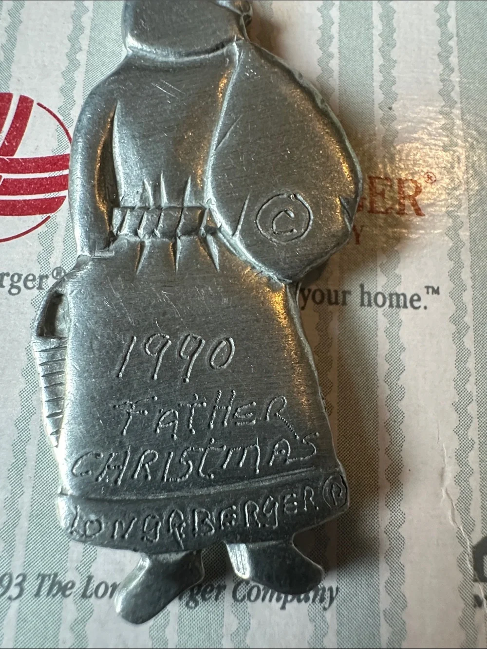 Longaberger Silver Pewter Father Christmas Santa Basket Charm. 1990.  Vintage